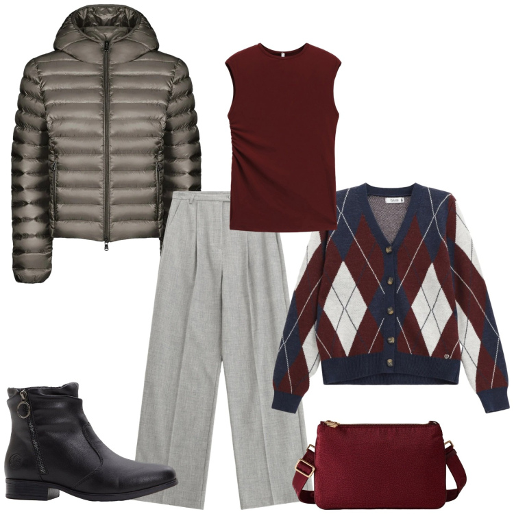 Outfit donna - Total look #2305092. Stile Chic per Tutti i giorni. Abbinamento con stivaletti, cardigans, pantaloni, top, borse a tracolla, bomber.