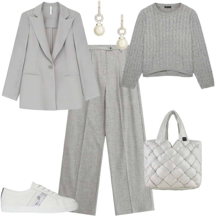 Outfit donna - Trendy ogni giorno. Stile Trendy per Tutti i giorni. Abbinamento con blazer, pantaloni, sneakers, orecchini, borse tote, maglieria.