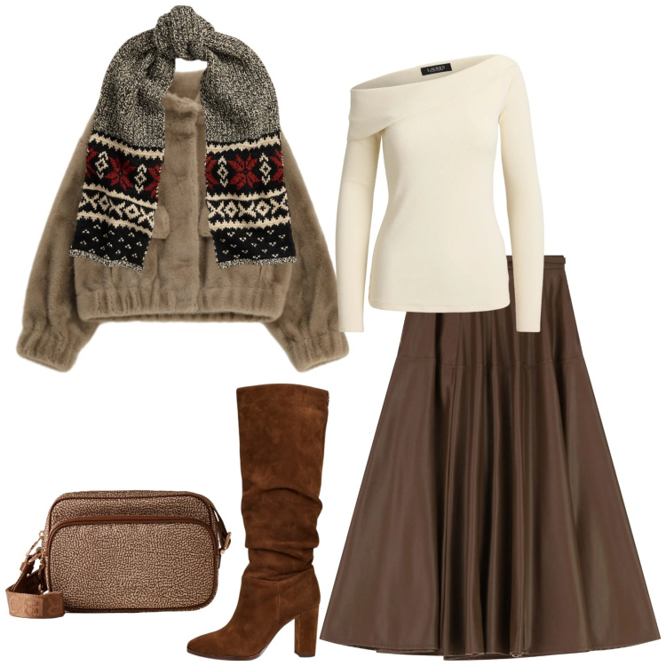 Outfit donna - Total look #2305096. Stile Chic per Tutti i giorni. Abbinamento con blazer, gonne lunghe, borse a tracolla, stivali, sciarpe, top.