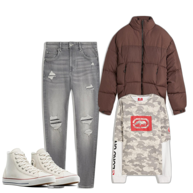 Outfit hombre - Desayunando. Estilo Casual para Todos los días. Combinación con sneakers, vaqueros rotos, camiseta, chaquetas.