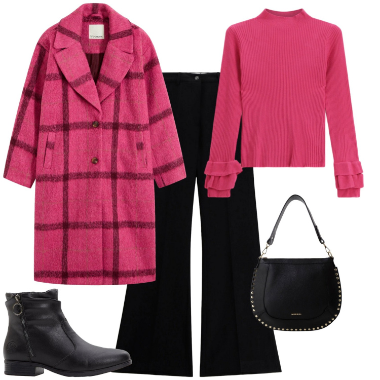 Outfit donna - Casual chic. Stile Casual chic per Serata fuori. Abbinamento con stivaletti, cappotti, pantaloni, borse a spalla, maglieria.