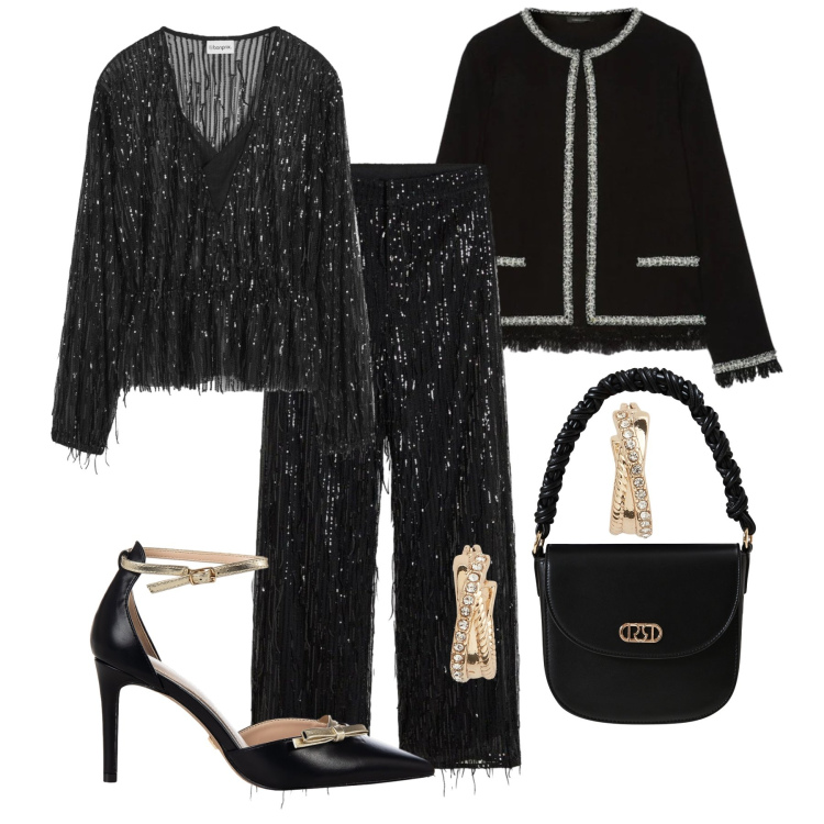 Outfit donna - Serata splendente - @pamela. Stile Chic per Serata fuori. Abbinamento con pantaloni, bluse, décolleté, borse a mano, orecchini, cardigans.