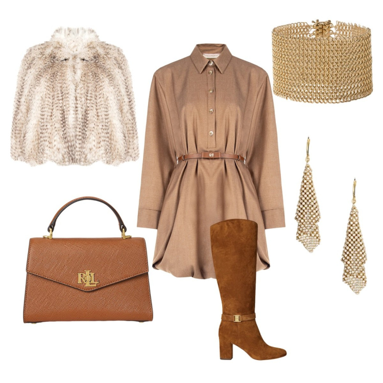 Outfit donna - Glamour Style. Stile Casual chic per Serata fuori. Abbinamento con ecopellicce, vestiti chemisier, borse a mano, stivali, braccialetti, orecchini.