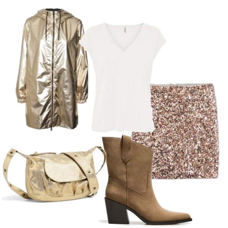 Outfit mujer - Glamour #10114. Estilo Glamour para Todos los días. Combinación con trench, minifaldas, botas cowboy, camiseta, bolsos de hombro.