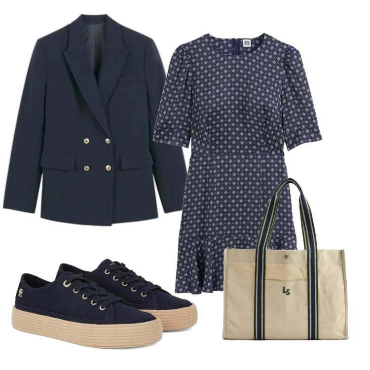 Outfit mujer - Casual chic #20183. Estilo Casual chic para Oficina. Combinación con vestidos largos, blazers, bolso tote, sneakers.