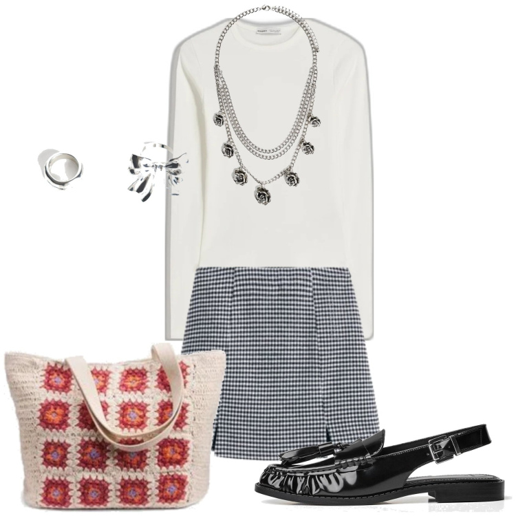 Outfit mujer - Preppy #891. Estilo Preppy para Oficina. Combinación con minifaldas, bolso tote, anillos, colgantes, camiseta, mocasines.