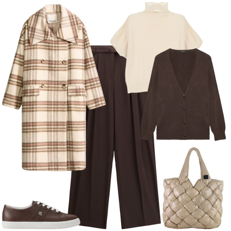 Outfit donna - Casual chic. Stile Casual chic per Tutti i giorni. Abbinamento con cappotti, pantaloni, maglieria, sneakers, borse tote, cardigans.