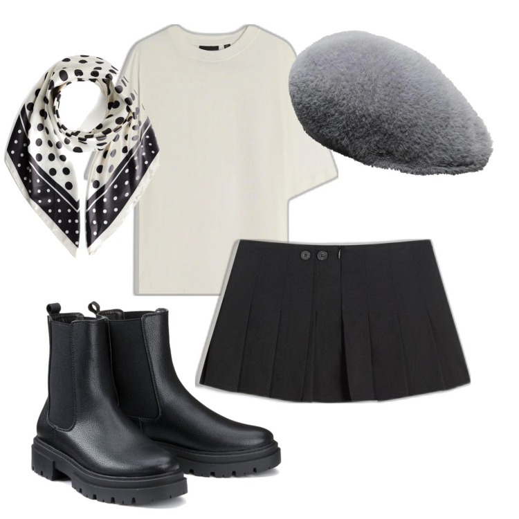 Outfit mujer - Trendy #9794. Estilo Trendy para Escuela/Universidad. Combinación con botines chelsea, faldas, gorros, camiseta, bandas para el pelo.