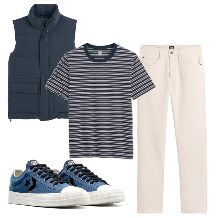 Outfit hombre - Casual #19873. Estilo Casual para Todos los días. Combinación con vaqueros, camiseta, chalecos, sneakers.