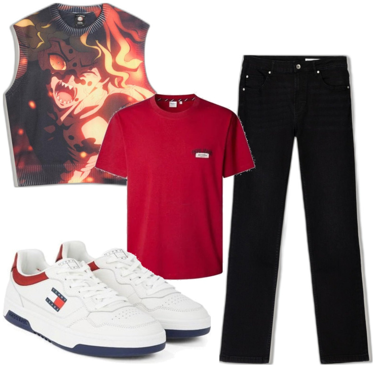 Outfit hombre - Casual #19875. Estilo Casual para Todos los días. Combinación con sneakers, chalecos, vaqueros pitillo, camiseta.