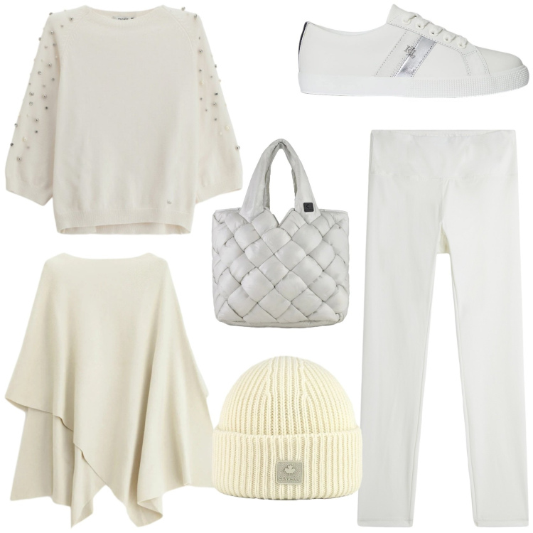 Outfit donna - Total look #2305121. Stile Sporty chic per Tutti i giorni. Abbinamento con maglieria, maglieria, leggings, sneakers, borse tote, berretti.