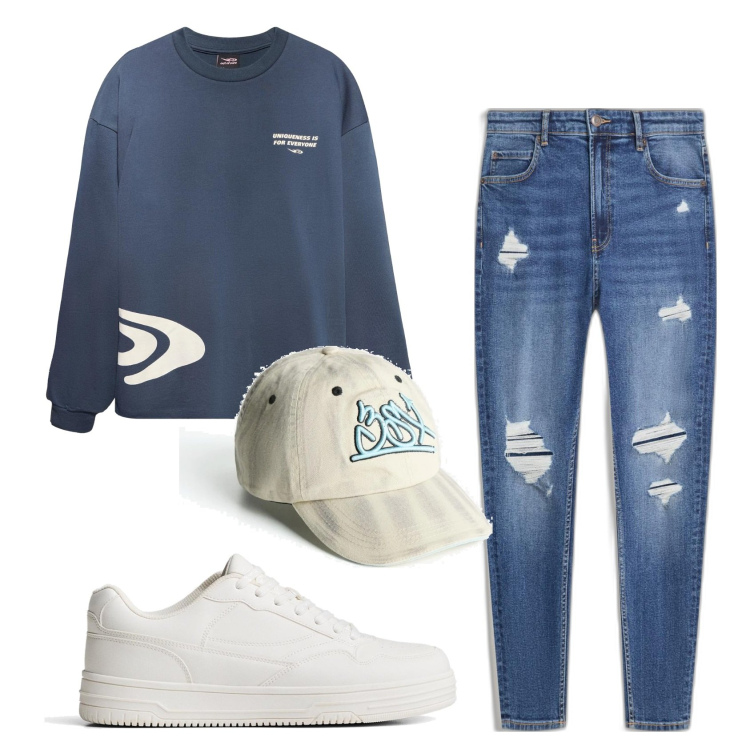 Outfit hombre - Urban #6006. Estilo Urban para Todos los días. Combinación con sombreros, vaqueros rotos, camiseta, sneakers.