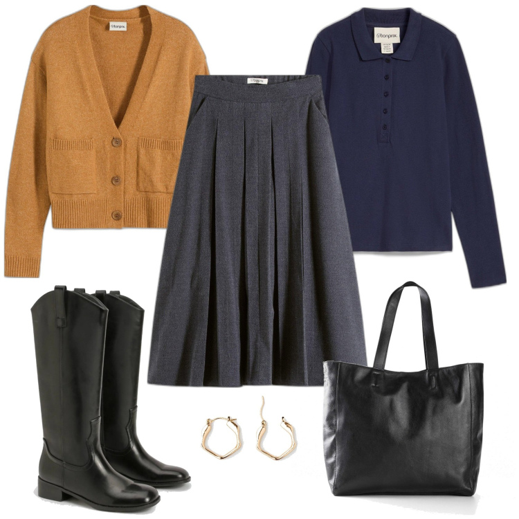 Outfit femme - Cardigan et jupe. Style Romantique pour Bureau. Assortir avec boucles d'oreilles, sac cabas, jupes au genou, pulls, polos, bottines.