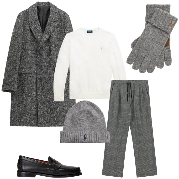 Outfit uomo - Total look #2305140. Stile Business/Elegante per Serata speciale. Abbinamento con cappotti, pantaloni, berretti, scarpe stringate, guanti, maglieria.