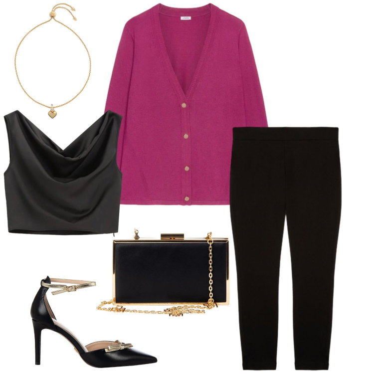 Outfit donna - Total look #2305141. Stile Chic per Serata fuori. Abbinamento con décolleté, pochette, top, braccialetti, cardigans, leggings.
