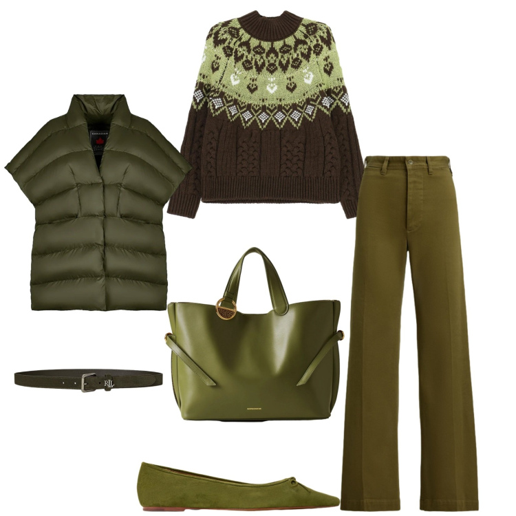 Outfit donna - Total look #2305143. Stile Casual chic per Tutti i giorni. Abbinamento con maglieria, shopping bag, cinture, ballerine, pantaloni, piumini.