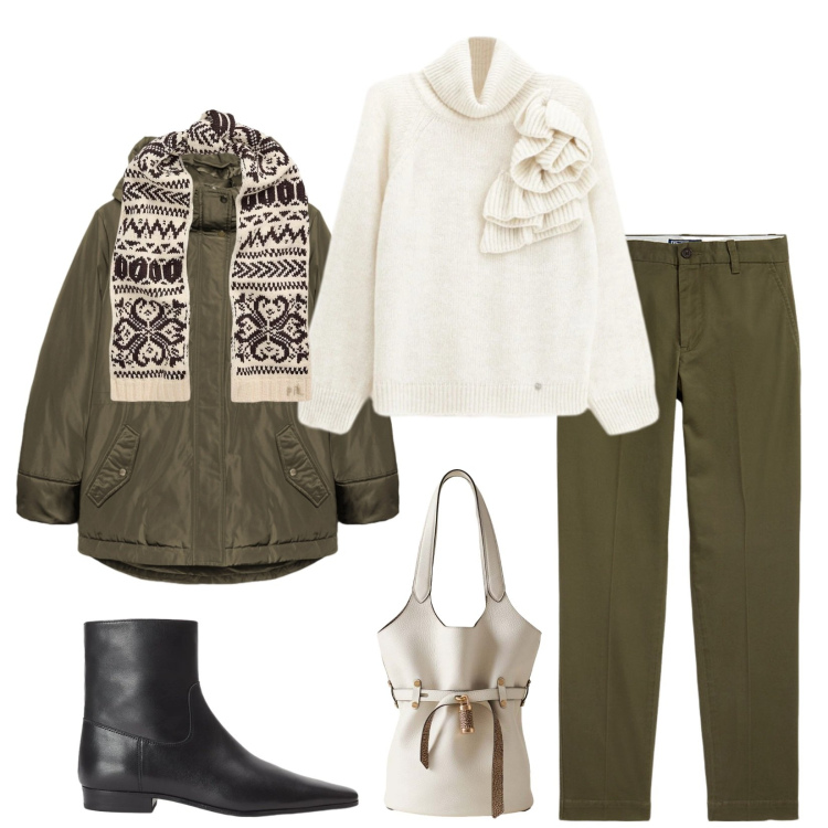 Outfit donna - Total look #2305146. Stile Casual chic per Tutti i giorni. Abbinamento con maglieria, borse a secchiello, pantaloni chino, sciarpe, stivaletti, eskimo.