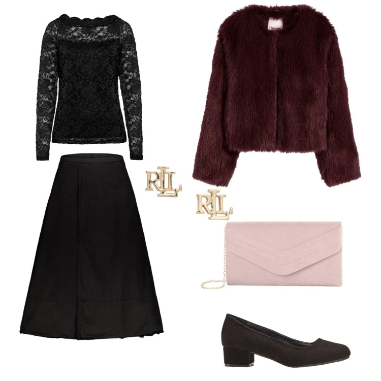 Outfit donna - Elegantemente comoda. Stile Bon Ton per Serata fuori. Abbinamento con maglieria, décolleté, pochette, ecopellicce, orecchini, gonne lunghe.