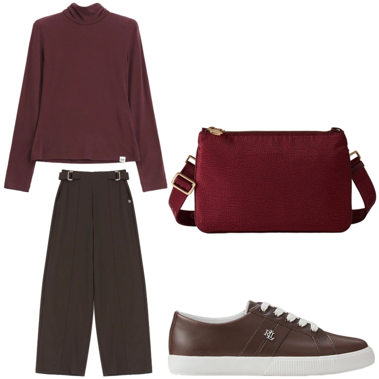 Outfit donna - Aperitivo. Stile Trendy per Tutti i giorni. Abbinamento con pantaloni a palazzo, maglieria, borse a tracolla, sneakers.