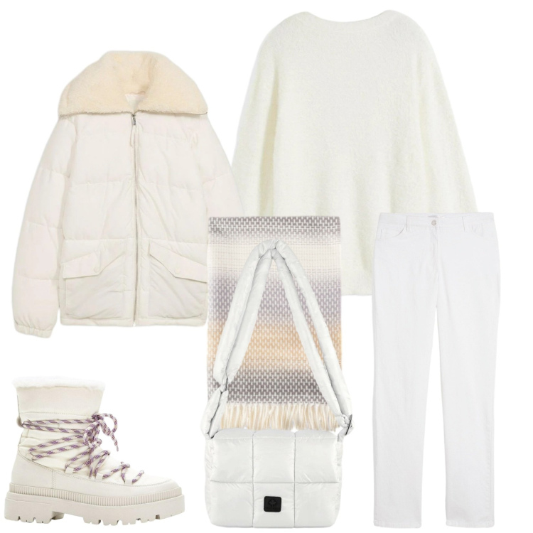 Outfit donna - Total look #2305149. Stile Sporty chic per Tutti i giorni. Abbinamento con pantaloni, giacche, stivali da neve, maglieria, borse a spalla, sciarpe.