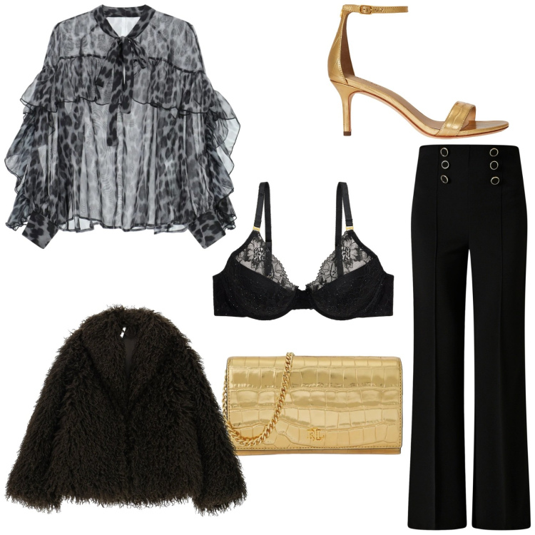 Outfit donna - Accessori oro per brillare. Stile Glamour per Serata fuori. Abbinamento con pantaloni, ecopellicce, bluse, reggiseni, sandali in pelle, borse a tracolla.