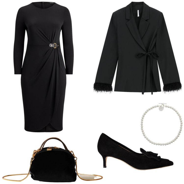 Outfit donna - Eleganza classica. Stile Chic per Serata fuori. Abbinamento con blazer, borse a mano, collane, vestiti, décolleté.