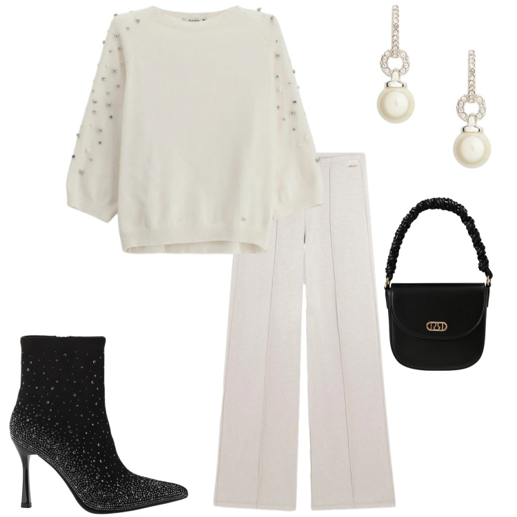 Outfit donna - Ricordati di splendere. Stile Casual chic per Serata fuori. Abbinamento con maglieria, borse a mano, stivaletti, pantaloni, orecchini.