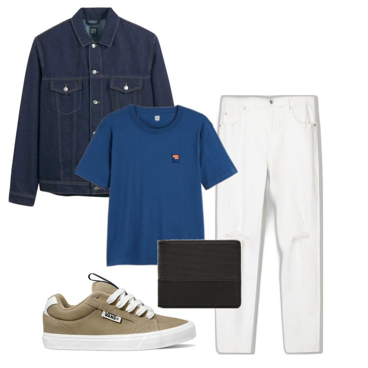Outfit hombre - Pantalón blanco. Estilo Casual para Todos los días. Combinación con chaquetas, sneakers, camiseta, carteras, vaqueros pitillo.