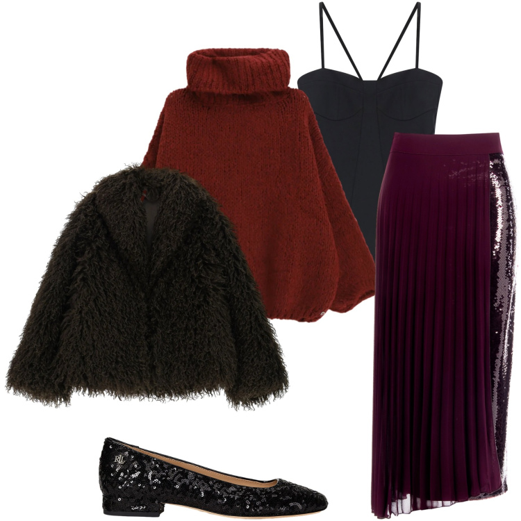 Outfit donna - Ricordati di splendere. Stile Chic per Serata fuori. Abbinamento con maglieria, gonne longuette, body, ecopellicce, ballerine.