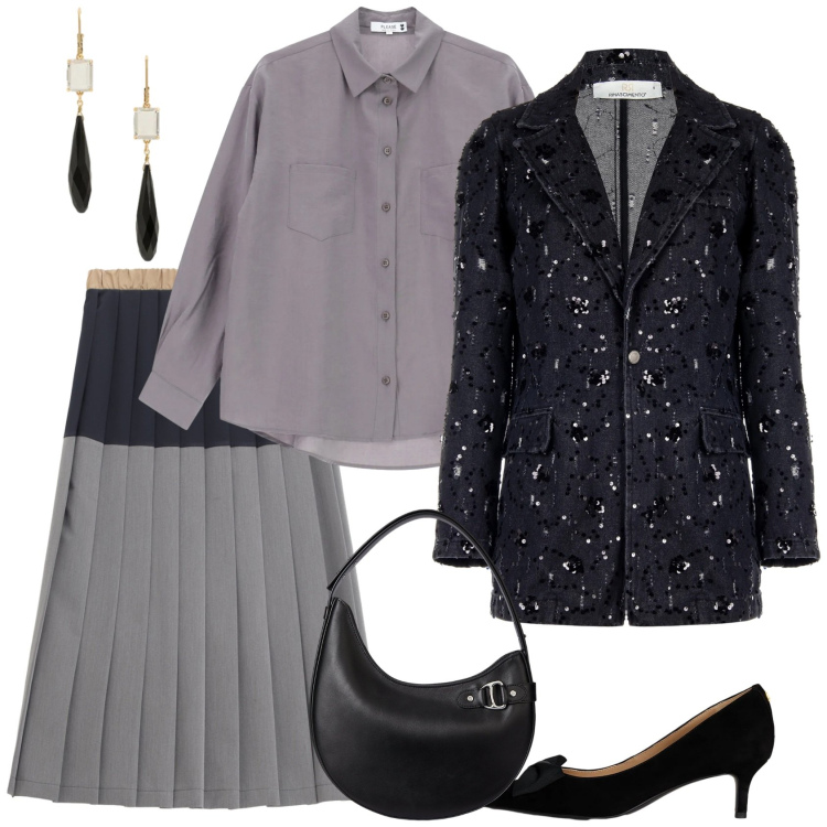 Outfit donna - Una cena dopo l\' ufficio. Stile Casual chic per Serata fuori. Abbinamento con camicie, blazer, gonne longuette, décolleté, borse a spalla, orecchini.