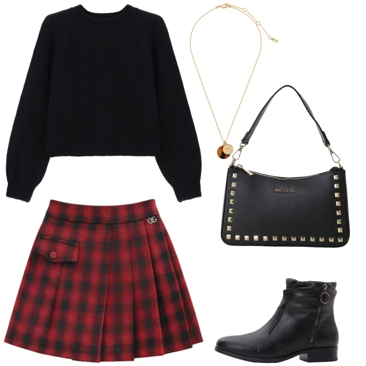 Outfit donna - La festa a scuola. Stile Preppy per Scuola/Università. Abbinamento con stivaletti, minigonne, maglieria, pochette, collane.