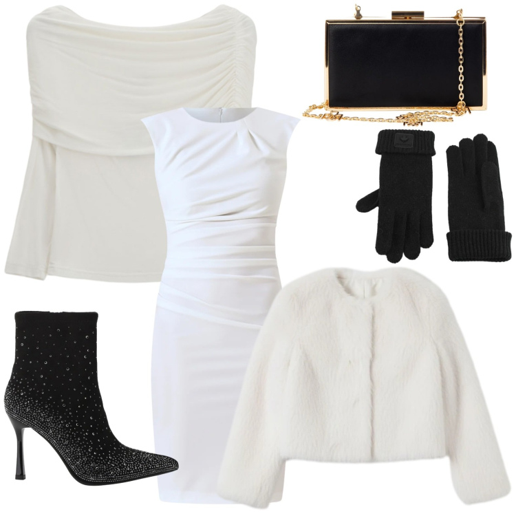 Outfit donna - Bianca come la neve. Stile Chic per Serata fuori. Abbinamento con pochette, vestiti a tubino, ecopellicce, stivaletti, maglieria, guanti.