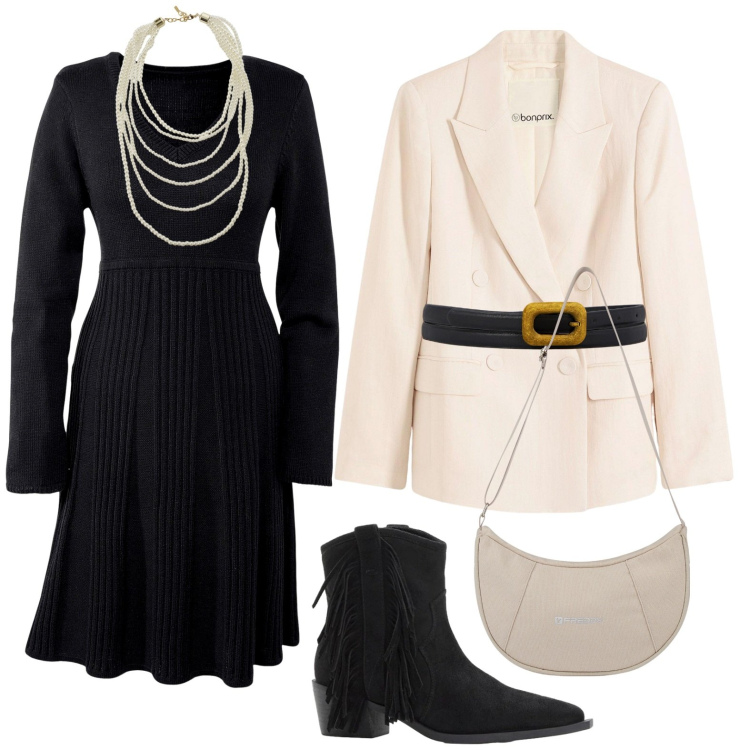 Outfit donna - Il potere del punto vita. Stile Minimal per Ufficio. Abbinamento con vestiti, blazer, stivaletti texani, collane, borse a spalla, cinture.