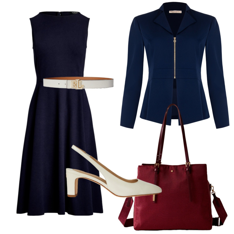 Outfit donna - Il potere del punto vita. Stile Glamour per Ufficio. Abbinamento con blazer, shopping bag, vestiti senza maniche, décolleté, cinture.