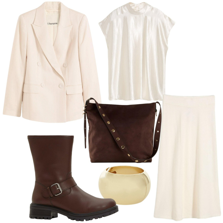 Outfit donna - Bianca come la neve. Stile Chic per Tutti i giorni. Abbinamento con blazer, shopping bag, top, gonne longuette, stivali, braccialetti.