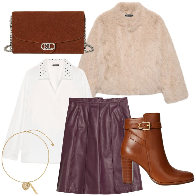 Outfit donna - Ricordati di splendere. Stile Minimal per Serata fuori. Abbinamento con gonne, stivaletti, borse a tracolla, ciondoli, camicie, ecopellicce.