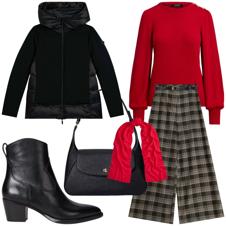 Outfit donna - Freddo Dicembre. Stile Casual per Ufficio. Abbinamento con pantaloni a palazzo, piumini, borse a spalla, stivaletti, sciarpe, maglieria.
