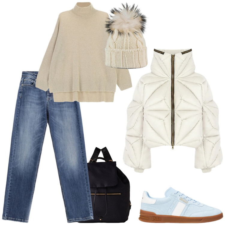 Outfit donna - Il pomeriggio in città. Stile Sporty chic per Tutti i giorni. Abbinamento con jeans, maglieria, zaini, sneakers, berretti, piumini.