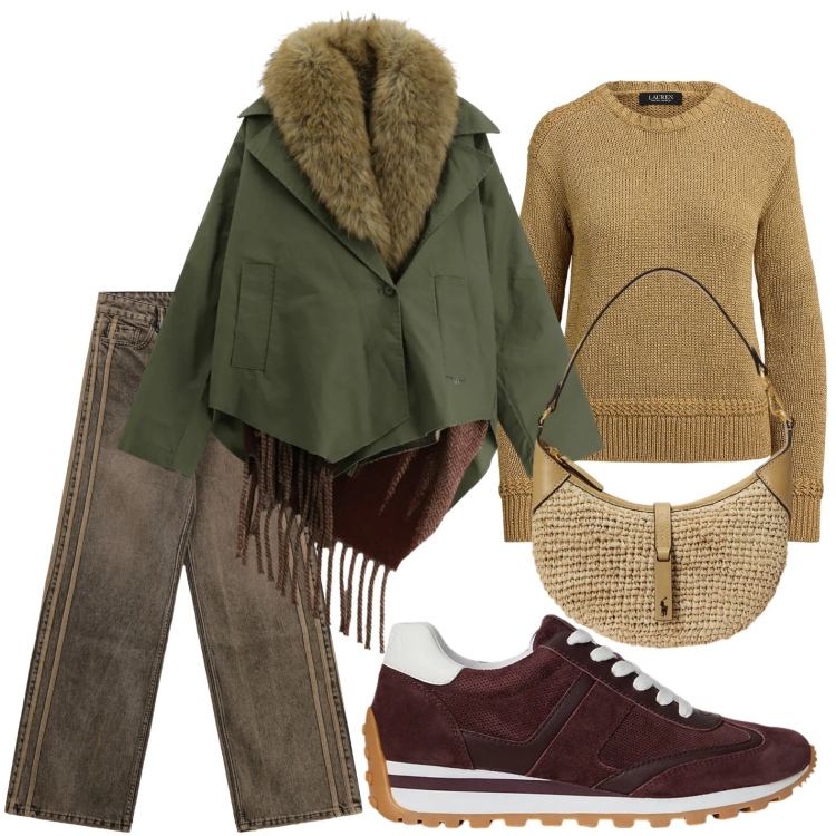 Outfit donna - Look creativo. Stile Glamour per Scuola/Università. Abbinamento con jeans, cappotti, sneakers, maglieria, borse a spalla.