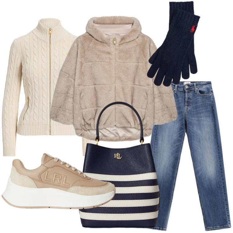 Outfit donna - Contrasto classico. Stile Minimal per Scuola/Università. Abbinamento con jeans, sneakers, borse a secchiello, guanti, cardigans, ecopellicce.