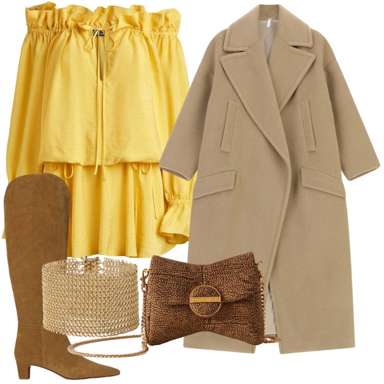 Outfit donna - Boho stile inverno. Stile Boho per Serata fuori. Abbinamento con cappotti, pochette, vestiti, stivali, braccialetti.