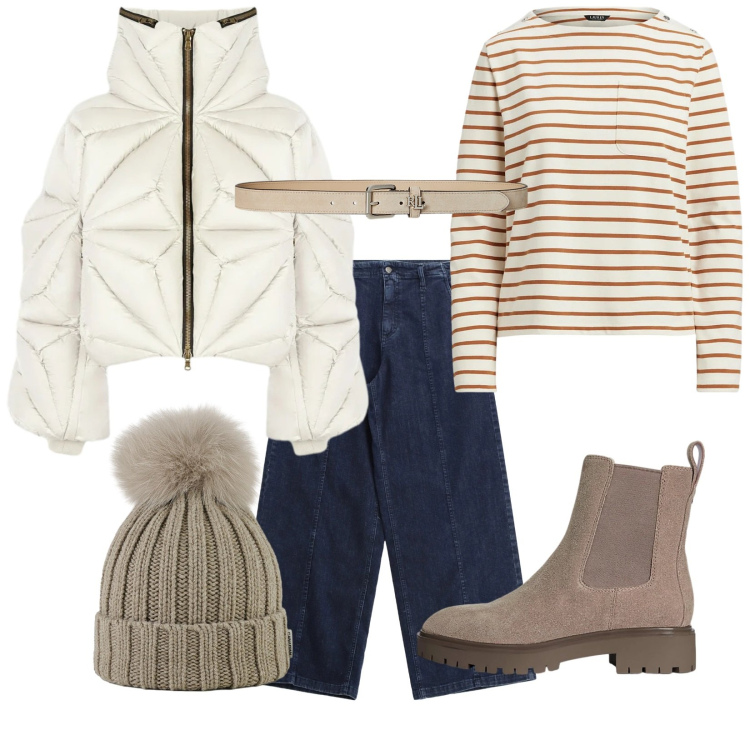 Outfit donna - Contro il freddo. Stile Urban per Tutti i giorni. Abbinamento con jeans, stivaletti chelsea, cinture, maglieria, berretti, piumini.