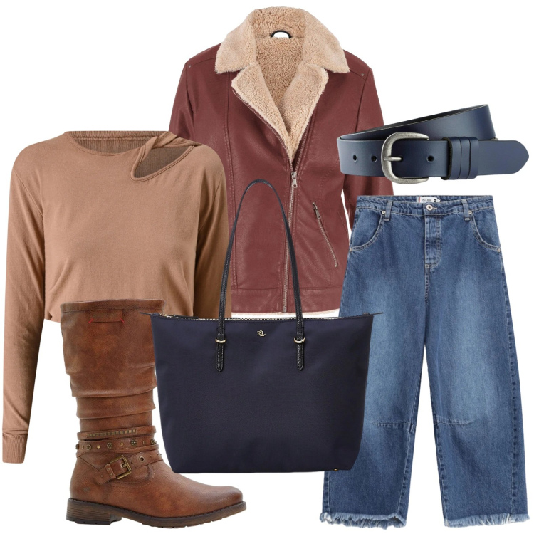 Outfit donna - Maglia contemporanea. Stile Glamour per Tutti i giorni. Abbinamento con cinture, bomber, stivali, jeans, maglieria, borse tote.