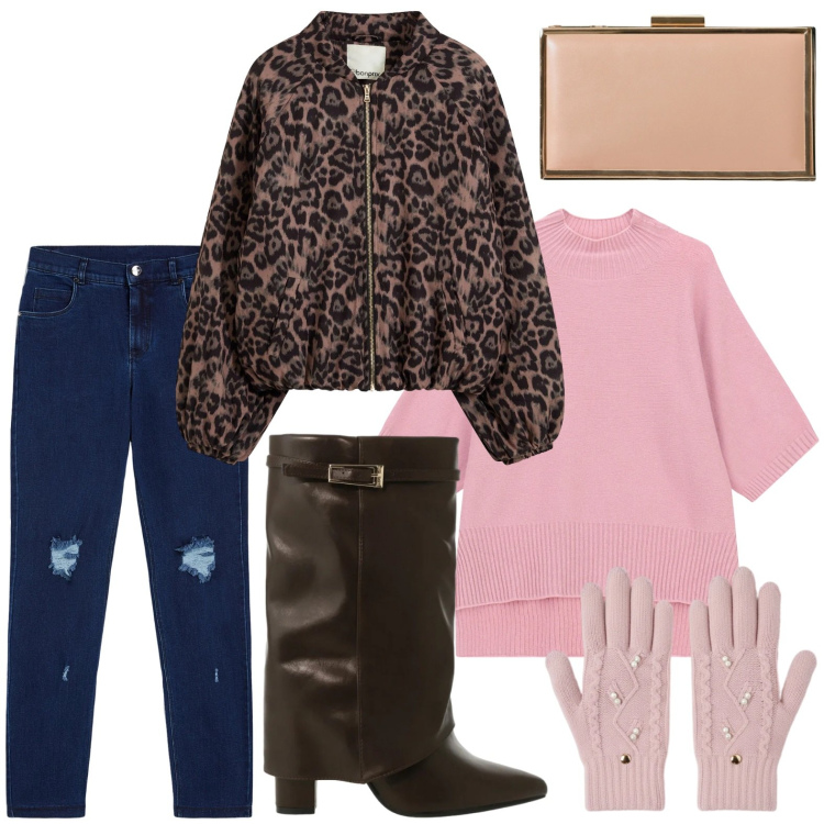 Outfit donna - Stivali che passione. Stile Casual chic per Serata fuori. Abbinamento con bomber, pochette, guanti, maglieria, stivali, jeans skinny.