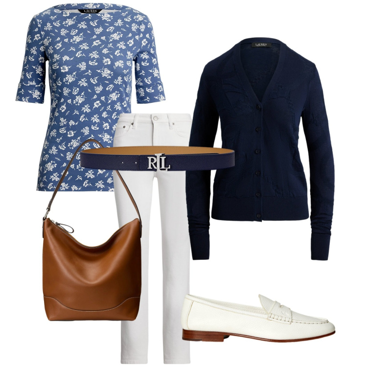Outfit donna - Pronta per l\'ufficio. Stile Casual chic per Ufficio. Abbinamento con cinture, jeans dritti, mocassini, borse a secchiello, cardigans, t-shirt.
