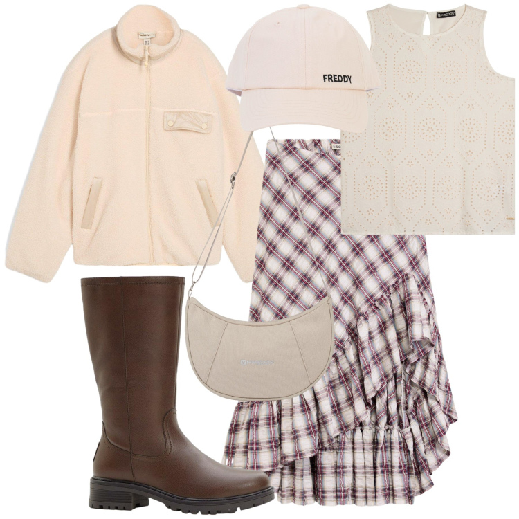 Outfit donna - Total look. Stile Trendy per Tutti i giorni. Abbinamento con caban, gonne, stivali, borse a spalla, canottiere, cappelli con visiera.