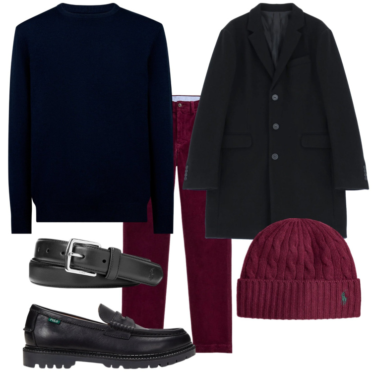 Outfit uomo - Benvenuto. Stile Trendy per Tutti i giorni. Abbinamento con cappotti, cinture, pantaloni, scarpe stringate, berretti, maglieria.