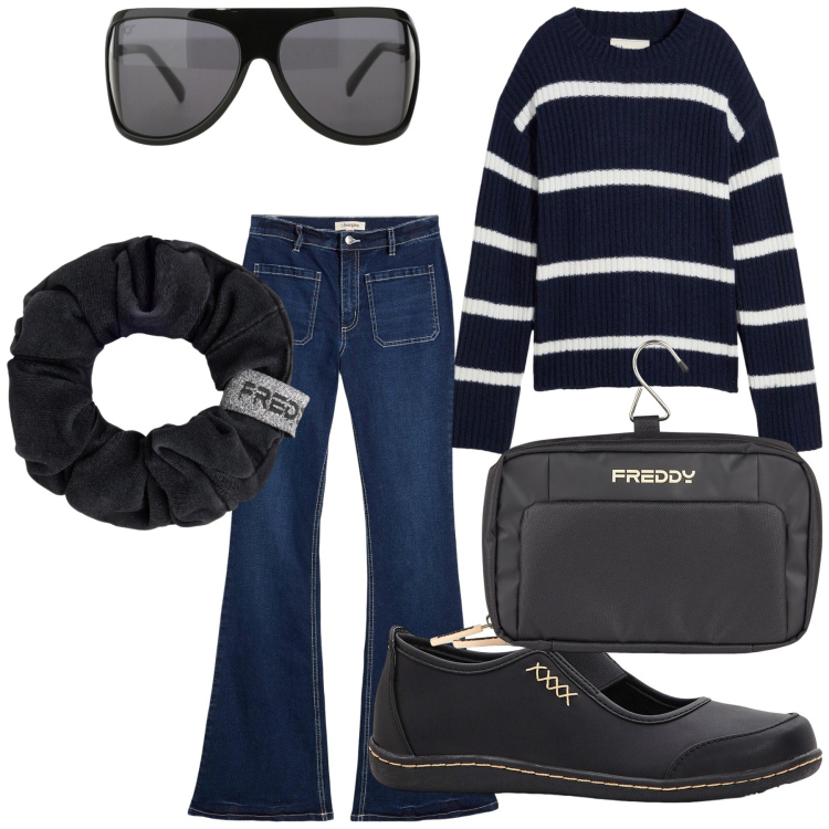 Outfit donna - Al mare. Stile Casual per Tutti i giorni. Abbinamento con maglieria, ballerine, jeans bootcut, occhiali da sole, valigie, accessori per capelli.
