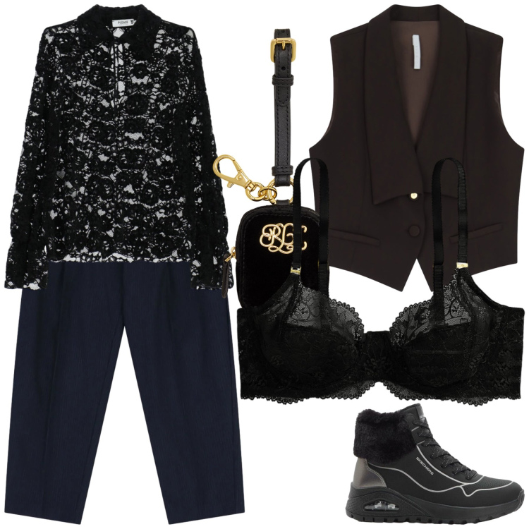Outfit donna - Pizzo gilè e sneakers. Stile Glamour per Serata fuori. Abbinamento con sneakers alte, camicie, pantaloni, gilet, pochette, reggiseni.