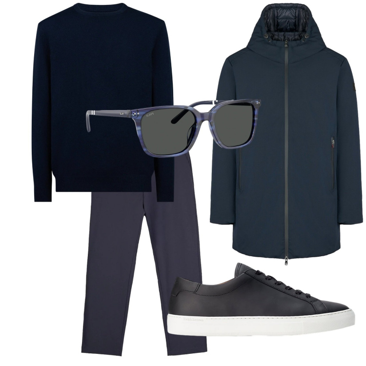 Outfit uomo - Mattinata libera. Stile Casual per Tutti i giorni. Abbinamento con sneakers, occhiali da sole, pantaloni chino, parka, maglieria.